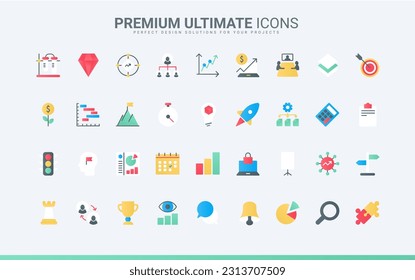 Idea and plan for startup launch, success vision and solution of problem solving and finance investment. Creative business strategy, project management trendy flat icons set vector illustration
