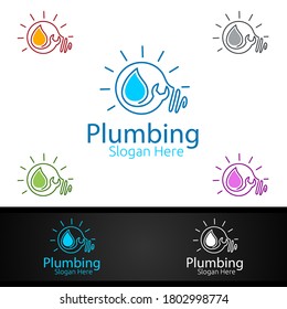 Idea Plumbing Logo with Water and Fix Home Concept