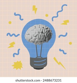 Idea pop art concept. Halftone brain in lamp bulb retro poster. Innovation thinking, creative solution, brainstorming, inspiration icon.