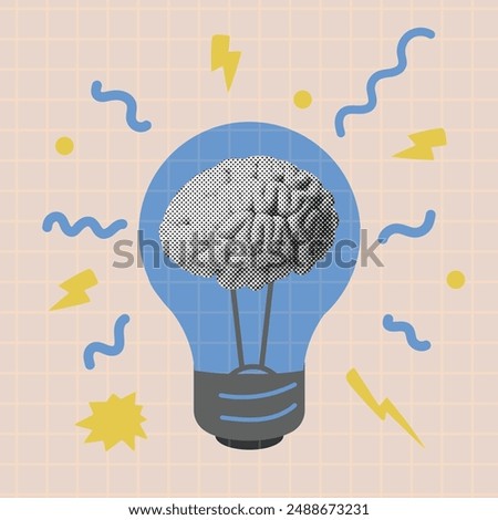 Idea pop art concept. Halftone brain in lamp bulb retro poster. Innovation thinking, creative solution, brainstorming, inspiration icon.