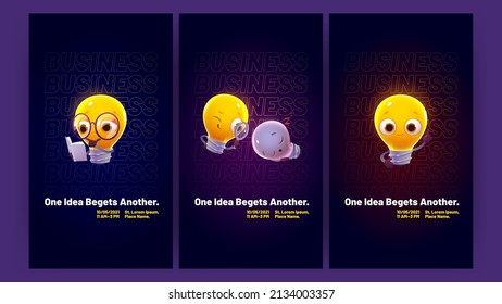 Idea posters with cute light bulb characters. Concept of one idea begets another, creative solution, inspiration. Vector banners with cartoon illustration of funny glowing lamp with book and magnifier