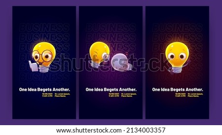 Idea posters with cute light bulb characters. Concept of one idea begets another, creative solution, inspiration. Vector banners with cartoon illustration of funny glowing lamp with book and magnifier