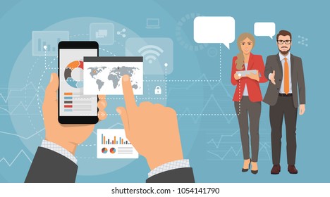 idea for presentation of business concept, phone in hand with office icons and icons, people, businessmen man and woman, vector illustration on holding, finance, economics, marketing