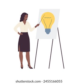 Idea presentation from businesswoman pointing at light bulb on board vector illustration