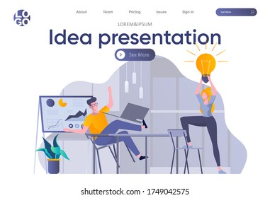 Idea presentation landing page with header. Startup founders discussing project, brainstorming and sharing ideas in office scene. Coworking, teamwork and creativity situation flat vector illustration.