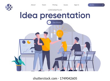 Idea presentation landing page with header. Startup team making presentation new great idea before investor in office scene. Pitching startup, coworking and teamwork situation flat vector illustration