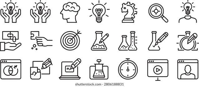 Idea and Problem Solving Icons Set with Lightbulb, Hand Gestures, Brain, Target, Beaker, and Clock Outline Style