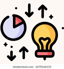 Conjunto de iconos de idea y productividad: bombilla, gráfico circular y flechas
