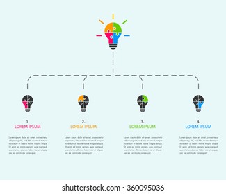 Idea and progress concept. Infographics with lightbulbs made of colorful puzzle pieces.