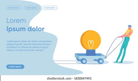 Idea Progress Flat Landing Page Vektorvorlage. Business Development, Hard Decision, Work Metapher. Man Pulling Trolley mit Lightbulb Faceless Charakter. Layout der Ideenwerbung