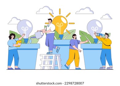 Idea of project activity concept. Business people grow potted plants for the birth of a creative idea. Outline design style minimal vector illustration for landing page, web banner, infographics.