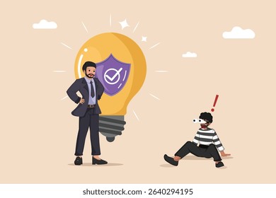 Idea Protection: A Businessman Standing Beside a Shielded Lightbulb Idea, While a Masked Thief Sits Defeated, Symbolizing Intellectual Property Security and Preventing Plagiarism.