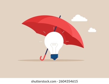 Idea protection. Light bulb under the insurance umbrella. Flat modern vector illustration
