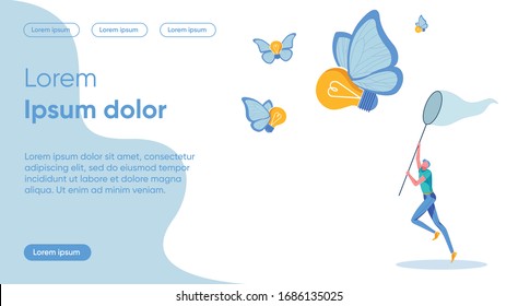 Idea Pursuit Flat Landing Page Vector Template. Man with Butterfly Net Faceless Character. Brainstorming, Idea Chase Homepage Layout