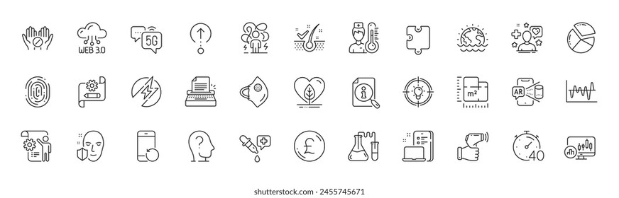 Idea, Puzzle and Cogwheel blueprint line icons. Pack of Pound money, Medical tablet, Web3 icon. Face protection, Augmented reality, Psychology pictogram. Timer, Anti-dandruff flakes. Vector