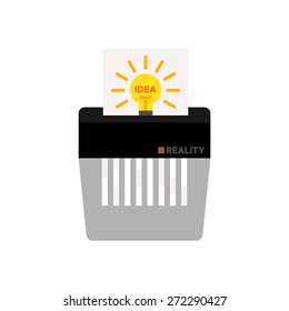 Idea and reality (shredder) - vector illustration, flat design, concept
