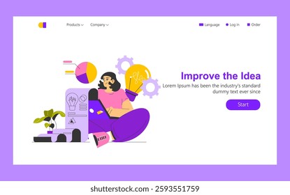 Idea realization concept. The illustration presents an individual engaged in improving innovative ideas with visual elements like light bulbs, graphs, and tools. Emphasizes creativity, analysis, and