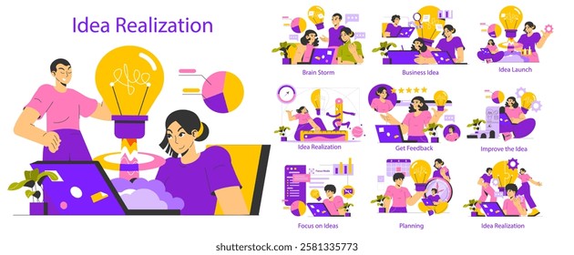 Idea Realization concept. The process of turning ideas into actionable plans. Incorporating brainstorming, feedback, planning, and improvement to achieve successful outcomes. Vector illustration.