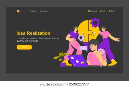 Idea realization concept where diverse individuals collaborate to brainstorm and develop innovative ideas. The illustration emphasizes teamwork, creativity, and technology in a modern workspace