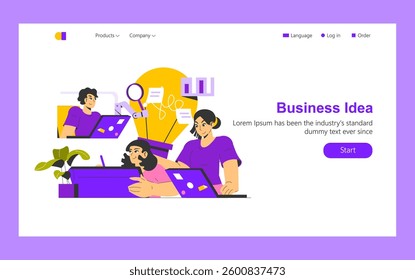 Idea realization focuses on collaboration and creativity in a workspace. The illustration features characters engaged in brainstorming and planning, showcasing tools and concepts. Ideal for business