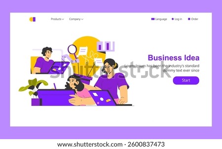 Idea realization focuses on collaboration and creativity in a workspace. The illustration features characters engaged in brainstorming and planning, showcasing tools and concepts. Ideal for business