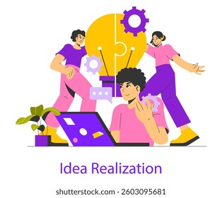 Idea realization focuses on transforming concepts into reality through collaboration and creativity. It demonstrates teamwork, brainstorming, and the process of idea development in a modern context