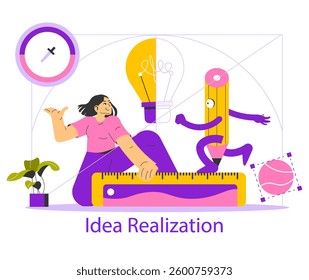 Idea realization illustration featuring a woman creatively engaged in conceptualizing ideas. The scene includes symbols of creativity and design, highlighting innovation and inspiration in action