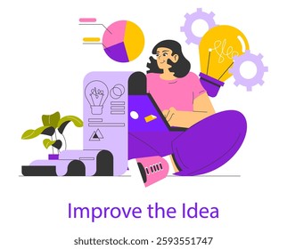 Idea realization process in a creative workspace. A person engages with technology and charts while brainstorming innovative concepts. Collaboration sparks inspiration for improvement. Vector