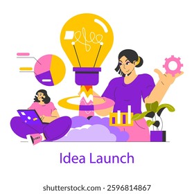 Idea realization process featuring individuals brainstorming and developing innovative concepts. Elements of creativity, strategy, and teamwork come together to visualize the journey from ideas to
