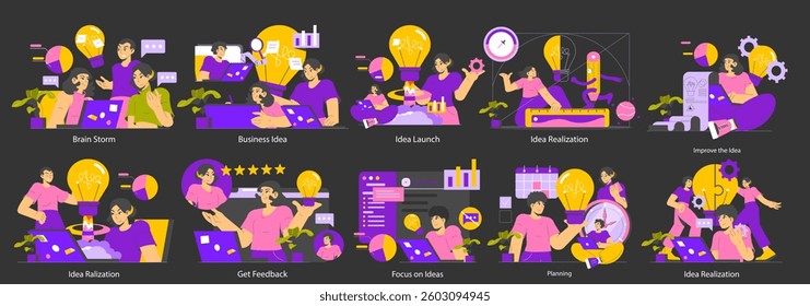Idea Realization set. Illustrates the process of conceptualizing and executing business ideas, from brainstorming to feedback and improvement. Collaboration fuels innovation and success in projects