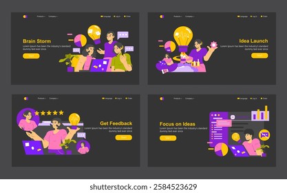 Idea realization through collaborative processes in brainstorming and feedback. Teams engage in generating concepts and improving ideas, ultimately driving innovation and success. Vector illustration.