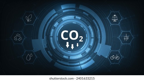 The idea of reducing CO2 emissions to limit global warming. Lower CO2 levels with sustainable development of renewable energy, planting trees, and green energy to stop climate change.