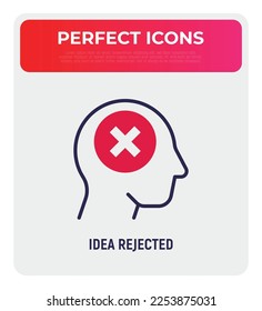 Idea rechazada: hombre con marca en la cabeza. Icono de línea delgada. Pensamiento negativo. Decepción. Ilustración vectorial moderna.