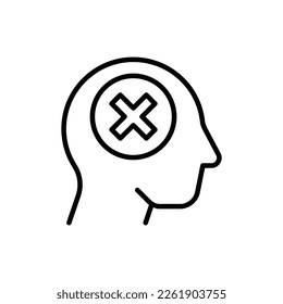Idea rechazada: hombre con marca en la cabeza. Icono de línea delgada. Pensamiento negativo. Decepción. Ilustración vectorial moderna.