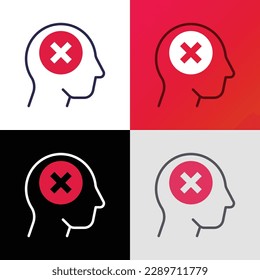 Idea rejected: man with cross mark in head. Thin line icon. Negative thinking. Disappointment. Modern vector illustration.