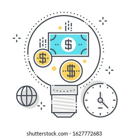 Idea related color line vector icon, illustration. The icon is about money making, business plan, lamp, start up, dolar. The composition is infinitely scalable.