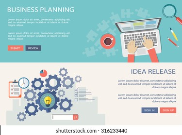 Idea release and business planning flat banners with icons. Eps10