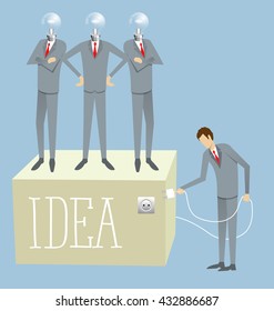 Idea Research flach isometry Business Start Experiment Konzept Vektorgrafik. Geschäftsleute, die große Lampen beleuchten, abstraktes elektronisches Gerät