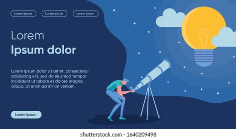 Idea Research Flat Landing Page Vector Template. Dream, Unachievable Goal Metaphor. Man Looking through Telescope Faceless Character. Creativity, Idea Learning and Observation Homepage Layout