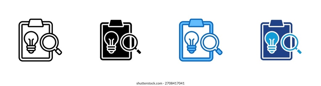 Idea Research Multiple Style Icon Design Vetor - Área de transferência com lâmpada e lupa representando pesquisa de ideias, análise de inovação e descoberta