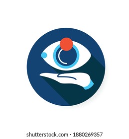 Idea review flat icon. Eye on palm sign. Concept of creative project showing and product solution presentation. Color vector illustration with shadow for project management and business