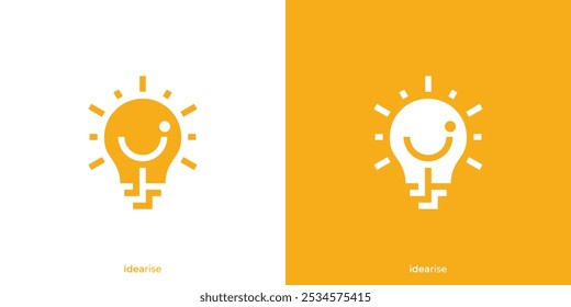 Logo-Designs für Ideenaufstieg. Abstrakte Happy Light Bulb mit Line Art Outline Style. Smart Logo, Symbol, Symbol, Vektorgrafik, Design-Vorlage.