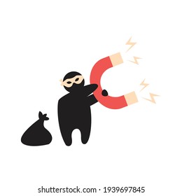 Idea robber holds magnet, draw light bulbs to steal thought, plagiarism vector illustration.