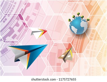 The idea of a rocket paper fly in the blue sky towards the world icon with a green tree.