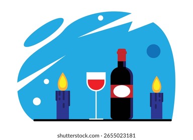 Idee eines romantischen Abendessens mit Kerzen und Rotwein. Lebensmittel und alkoholische Getränke Konzept Vektorkunst