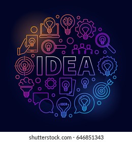 Idea round bright illustration. Vector colorful creative sign made with word IDEA and light bulb icons in thin line style on dark background
