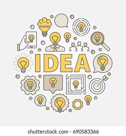 Idea round colorful illustration. Vector creative modern sign made with light bulb icons and word IDEA