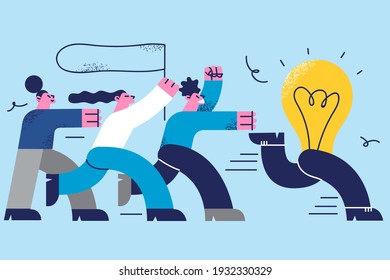 Idea Running Away, Searching For Solutions Concept. Group Of Business People Cartoon Characters Running And Trying To Catch Up Light Bulb Vector Illustration 