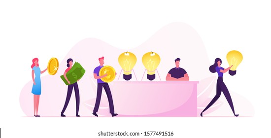 Idea Sale Concept. Businessman or Salesman Sitting at Desk with Glowing Huge Light Bulbs, Businesspeople Stand in Queue with Money in Hands for Buying Business Insight. Flat Vector Illustration