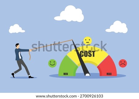The idea of ​​cost saving, the concept of cost reduction to generate more profit, cost reduction or expense reduction, smart businessmen try to pull the needle symbol to the minimum position.	